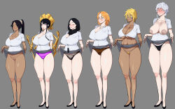 6+girls absurdres black_hair bleach bleach:_sennen_kessen-hen blonde_hair blue_eyes braid braided_ponytail breasts breasts_out clothes_lift collarbone colored_eyelashes dark-skinned_female dark_skin espada facial_mark green_eyes grey_background height_difference high_heels highres kotetsu_isane large_breasts long_hair matsumoto_rangiku mole mole_under_mouth multiple_girls nakge06 nipples ponytail school_uniform shihouin_yoruichi shiny_skin short_hair shutara_senjumaru sidelocks simple_background skirt skirt_lift tall_female thick_thighs thighs tier_harribel unohana_retsu white_hair yellow_eyes