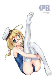 Rule 34 | 10s, 1girl, ahoge, blonde hair, breasts, character name, cleavage, collarbone, glasses, green eyes, hat, i-8 (kancolle), kantai collection, looking at viewer, md5 mismatch, medium breasts, peaked cap, school swimsuit, semi-rimless eyewear, shinonome haru, smile, solo, swimsuit, thighhighs, toe-point, twintails, twitter username, under-rim eyewear, white thighhighs