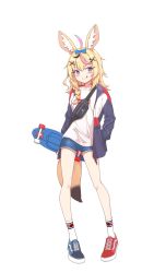 Rule 34 | 1girl, :q, absurdres, ahoge, asymmetrical footwear, blonde hair, blue shorts, bow, facial mark, fanny pack, fox girl, hair bow, hair ornament, hairclip, hand in pocket, highres, holding, holding skateboard, hololive, jacket, long hair, looking at viewer, mismatched footwear, omaru polka, pigeon-toed, pink hair, quarterlift, shirt, shoes, short hair, shorts, simple background, skateboard, skateboard behind back, smile, sneakers, solo, supreme (brand), thigh strap, tongue, tongue out, virtual youtuber, white background, white shirt, x hair ornament