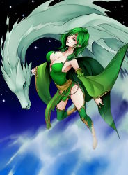 Rule 34 | 1990s (style), 1girl, boots, breasts, cape, center opening, cleavage, detached sleeves, dragon, final fantasy, final fantasy iv, green eyes, green hair, green thighhighs, highres, large breasts, leotard, mist dragon, night, night sky, one-piece swimsuit, retro artstyle, rydia (ff4), sky, star (sky), star (symbol), starry sky, swimsuit, thighhighs, yellow footwear, yukichi (bancho99)