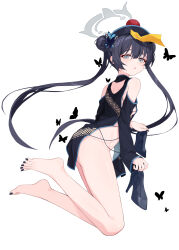 Rule 34 | 1girl, absurdres, bare shoulders, barefoot, black dress, black hair, black hat, black nails, black sleeves, blue archive, blush, breasts, butterfly hair ornament, detached sleeves, double bun, dress, feet, fingernails, grey eyes, grey halo, hair bun, hair ornament, halo, hat, highres, jiangshi costume, kisaki (blue archive), long hair, looking at viewer, nail polish, ofuda, open mouth, simple background, small breasts, solo, toenail polish, toenails, toes, twintails, white background, yume (454565427)