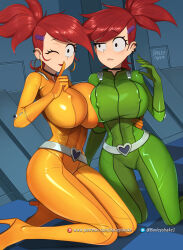Rule 34 | 2girls, alex (totally spies), alex (totally spies) (cosplay), alternate breast size, arm around back, artist name, asymmetrical docking, barleyshake, belt, black choker, bodysuit, breast press, breasts, catsuit, choker, confused, cosplay, covered erect nipples, covered navel, curvy, dual persona, earrings, finger to mouth, foster&#039;s home for imaginary friends, frankie foster, green bodysuit, hair ornament, hairclip, hand up, high heels, highres, hoop earrings, huge breasts, impossible bodysuit, impossible clothes, indoors, jewelry, kneeling, large breasts, latex, latex bodysuit, lipstick, long bangs, long hair, looking at another, looking at viewer, makeup, metal belt, multiple girls, multiple piercings, narrow waist, one eye closed, open mouth, patreon username, red hair, sam (totally spies), sam (totally spies) (cosplay), shiny clothes, short ponytail, shushing, skin tight, smile, taut bodysuit, toon (style), totally spies, twitter username, wide hips, yellow bodysuit