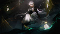 Rule 34 | 1girl, absurdres, alternate costume, armpits, black dress, black eyes, black pantyhose, black sleeves, breasts, closed mouth, detached sleeves, dress, facial tattoo, feet out of frame, grey dress, grey hair, highres, holding, league of legends, long hair, looking at viewer, medium breasts, pantyhose, sentinel (league of legends), seraphine (league of legends), solo, tattoo, vincent t (oriaarts)