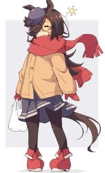 Rule 34 | 1girl, = =, animal ears, bag, bespectacled, black pantyhose, blue hat, blue skirt, boots, brown coat, brown hair, coat, commentary request, flower, full body, glasses, grocery bag, hair over one eye, hat, highres, holding, holding bag, horse ears, horse girl, horse tail, long hair, mask, mittens, mouth mask, pantyhose, red footwear, red mittens, rice shower (umamusume), rose, scarf, semi-rimless eyewear, shopping bag, skirt, solo, squeans, standing, tail, tom q (tomtoq), umamusume