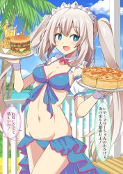 Rule 34 | 1girl, bare shoulders, beach, bikini, blue bikini, blue eyes, blue sky, blush, breasts, burger, cleavage, collarbone, commission, fate/grand order, fate (series), food, french fries, highres, long hair, looking at viewer, maid headdress, marie antoinette (fate), marie antoinette (fate/grand order), marie antoinette (swimsuit caster) (fate), marie antoinette (swimsuit caster) (third ascension) (fate), medium breasts, navel, open mouth, pixiv commission, pizza, plate, shimouki izui, silver hair, sky, smile, solo, speech bubble, swimsuit, thighs, translation request, twintails, very long hair