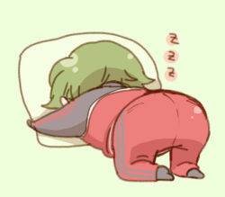Rule 34 | 10s, 1boy, ass, chibi, face in pillow, green background, male focus, pillow, simple background, sleeping, socks, solo, top-down bottom-up, touken ranbu, track suit, uguisumaru
