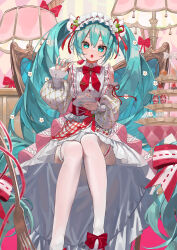 Rule 34 | 1girl, absurdres, blue eyes, blue hair, blue nails, commentary, detached sleeves, dress, drill hair, fork, hair between eyes, hatsune miku, headdress, highres, holding, holding fork, holding plate, iinagi (kashiwa keira), long hair, long sleeves, nail polish, open mouth, plate, pleated dress, red ribbon, ribbon, sitting, solo, strawberry miku (morikura), thighhighs, twin drills, very long hair, vocaloid, white dress, white sleeves, white thighhighs