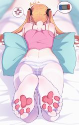 Rule 34 | 1girl, ^^^, absurdres, anger vein, ass, bad id, bad pixiv id, bare shoulders, blonde hair, camisole, feet, feet up, foot focus, foreshortening, from behind, highres, legs, long hair, lying, nintendo switch, no shoes, on stomach, original, panties, pantyhose, paw print soles, pillow, see-through, soles, speech bubble, spoken anger vein, striped clothes, striped panties, thighband pantyhose, toes, twintails, underwear, underwear only, white pantyhose, yao (pixiv9482697), zoom layer