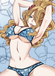 Rule 34 | 1girl, armpits, arms up, bad id, bad pixiv id, bikini, blonde hair, blue eyes, breasts, cleavage, cowboy shot, fairy tail, female focus, hair ornament, hair over one eye, highres, jenny realight, large breasts, long hair, looking at viewer, murabito sono2, navel, solo, swimsuit, underboob, wavy hair