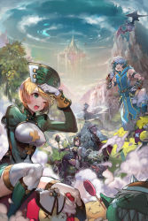 Rule 34 | 2boys, 2girls, :3, bandages, blonde hair, blue hair, creature, floating island, gauntlets, gloves, granage online, green eyes, hat, multiple boys, multiple girls, repi, scepter, short hair, sitting, sky, sleeveless, thighhighs, wiping sweat, x x