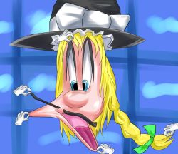 Rule 34 | artist request, blonde hair, blue eyes, face, facial hair, female focus, gloves, hat, kirisame marisa, mario (series), mario party, mustache, nintendo, no humans, parody, pulling, super mario 64, super mario bros. 1, touhou, what, white gloves, witch, witch hat