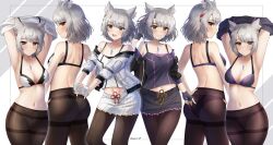 Rule 34 | animal ears, ass, back, black camisole, black gloves, black jacket, black skirt, bra, bra strap, braid, breasts, camisole, cat ears, chest jewel, cleavage, core crystal (xenoblade), doiparuni, fingerless gloves, gloves, grey hair, highres, jacket, light blush, looking at viewer, medium breasts, midriff, miniskirt, mio (xenoblade), multiple persona, navel, off-shoulder jacket, off shoulder, official alternate color, official alternate costume, panties, panties under pantyhose, pantyhose, purple bra, purple panties, sequential, short hair, single braid, skirt, smile, stomach, thighband pantyhose, two-tone bra, underwear, undressing, white bra, white camisole, white gloves, white jacket, white panties, white skirt, xenoblade chronicles (series), xenoblade chronicles 3