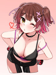 Rule 34 | 1girl, breasts, brown eyes, brown hair, choker, cleavage, crop top, dodome-iro mayonnaise, downblouse, gloves, hair ribbon, highres, hololive, large breasts, leaning forward, midriff, navel, official alternate costume, one eye closed, open mouth, parted lips, ribbon, roboco-san, roboco-san (workoutwear), short twintails, simple background, solo, twintails, virtual youtuber