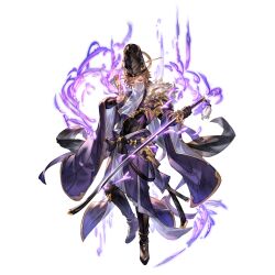 Rule 34 | 1boy, between fingers, boots, brown eyes, brown hair, full body, gloves, gran (granblue fantasy), granblue fantasy, hat, holding, holding sword, holding weapon, katana, male focus, official alternate costume, official art, ofuda, ofuda between fingers, onmyouji, purple robe, robe, sheath, solo, sword, tassel, third-party source, transparent background, veil, weapon