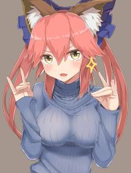 Rule 34 | 10s, 1girl, alternate costume, animal ears, bad id, bad pixiv id, bow, breasts, brown background, brown eyes, casual, commentary request, contemporary, fang, fangs, fate/extra, fate/grand order, fate (series), fox ears, fox shadow puppet, hair between eyes, hair bow, hands up, highres, large breasts, open mouth, orange hair, ribbed sweater, sleeves past wrists, solo, sparkle, sweater, takamiya nao, tamamo (fate), tamamo no mae (fate/extra), twintails