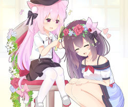 Rule 34 | 2girls, :d, absurdres, animal ear fluff, animal ears, azur lane, bell, beret, blue flower, blue skirt, blush, bow, brown hair, brown headwear, brown skirt, brushing hair, cat ears, cat girl, cat tail, chair, closed eyes, collared shirt, comb, commentary request, crossover, dress shirt, earrings, flower, flower wreath, grey footwear, hair between eyes, hair ornament, hat, head wreath, heart, highres, historical name connection, holding, holding comb, huge filesize, jewelry, jingle bell, kantai collection, kisaragi (azur lane), kisaragi (kancolle), kisaragi (retrofit) (azur lane), long hair, multiple girls, name connection, nekoyanagi (azelsynn), off-shoulder shirt, off shoulder, on chair, open mouth, pantyhose, pink bow, pink hair, puffy short sleeves, puffy sleeves, purple eyes, quaver earrings, red flower, red rose, rose, shirt, shoes, short sleeves, sitting, skirt, smile, squatting, striped clothes, striped skirt, suspender skirt, suspenders, tail, tail bell, tail bow, tail ornament, vertical-striped clothes, vertical-striped skirt, very long hair, white background, white flower, white legwear, white shirt