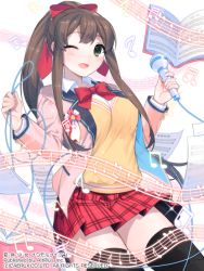 Rule 34 | 1girl, ;d, bad id, bad pixiv id, beamed quavers, bow, brown hair, donacoo, green eyes, hair bow, hair ribbon, hen-shin-shou-jo metamol maiden, holding, long hair, looking at viewer, microphone, musical note, official art, one eye closed, open mouth, original, plaid, plaid skirt, pleated skirt, ponytail, quaver, ribbon, school uniform, sheet music, simple background, skirt, smile, solo, staff (music), white background, yuuhi homare