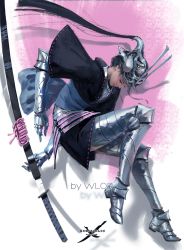 Rule 34 | 1girl, armor, armor under clothes, artist name, black hair, couter, highres, japanese armor, knees up, kusazuri, long hair, looking down, multicolored background, multicolored clothes, original, scabbard, shadow, sheath, silver footwear, solo, sword, weapon, wlop
