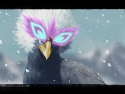 Rule 34 | bird, blue eyes, blurry, closed mouth, commentary request, creatures (company), game freak, glowing, highres, hisuian braviary, hisuian form, letterboxed, nintendo, no humans, pokemon, pokemon (creature), rend, snowing, solo, white fur