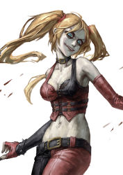 Rule 34 | 1girl, animification, bare shoulders, batman: arkham, batman: arkham city, batman (series), belt, blonde hair, blue eyes, breasts, choker, cleavage, collar, dc comics, elbow gloves, fingerless gloves, gloves, harley quinn, lipstick, long hair, looking at viewer, makeup, midriff, navel, parted lips, smile, solo, twintails, white background, yinanhuanle