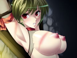 Rule 34 | 1girl, arms up, bdsm, bondage, bound, breasts, character request, clenched teeth, female focus, fishnets, g-spot, game cg, green hair, large breasts, morning star (company), ninja, nipples, red eyes, short hair, solo, teeth, torn clothes, whip marks