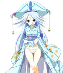 Rule 34 | 1girl, bell, blue hair, blue hat, blush, clothes lift, colored eyelashes, dress, fundoshi, gloves, green eyes, hair between eyes, hat, japanese clothes, kimono, kuroageha (mushibugyou), legs together, lifted by self, long hair, looking at viewer, mushibugyou, open mouth, ouhashi, panties, parted bangs, simple background, skirt, skirt lift, solo, standing, striped clothes, striped kimono, underwear, very long hair, white background