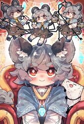 Rule 34 | 1girl, ^ ^, animal ear fluff, animal ears, armchair, ascot, basket, bishamonten&#039;s pagoda, blue capelet, blue footwear, blush, capelet, chair, chibi, chibi inset, closed eyes, closed mouth, collared capelet, commentary request, curtains, dowsing rod, dress, envelope, grey dress, grey hair, hands on another&#039;s shoulders, hands on lap, highres, holding, indoors, jewelry, light blush, looking at viewer, mame komari, mouse (animal), mouse ears, mouse tail, nazrin, nervous smile, nose blush, open mouth, pendant, red eyes, shirt, shoes, short hair, sleeveless, sleeveless dress, smile, socks, sweatdrop, tail, touhou, v-shaped eyebrows, white shirt, white socks, yellow ascot, yellow collar