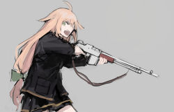 Rule 34 | 1girl, ahoge, automatic rifle, black skirt, blazer, blonde hair, commentary request, cowboy shot, female focus, girls&#039; frontline, green eyes, gun, highres, jacket, long hair, looking at viewer, low-tied long hair, m1918 (girls&#039; frontline), m1918 bar, machine gun, open mouth, rampart1028, serious, simple background, skirt, solo, teeth, upper body, upper teeth only, weapon