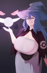 Rule 34 | 1girl, @ @, belly, black background, black dress, blue headwear, breasts, cape, cleavage, coco (setawar), colored sclera, cosplay, creatures (company), dress, game freak, gen 1 pokemon, gengar, hair between eyes, hand up, hands up, hat, hex maniac (pokemon), hex maniac (pokemon) (cosplay), highres, huge breasts, impossible clothes, impossible dress, long hair, looking at viewer, nail polish, nintendo, npc trainer, open hand, open hands, orb, parted lips, poke ball print, poke ball symbol, pokemon, pokemon rse, pokemon xy, print cape, purple cape, purple eyes, red sclera, simple background, smirk, standing, white dress, witch hat