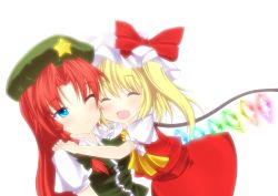 Rule 34 | 2girls, :d, ^ ^, bad id, bad pixiv id, blonde hair, blue eyes, braid, china dress, chinese clothes, closed eyes, dress, closed eyes, fang, female focus, flandre scarlet, happy, hat, highres, hong meiling, hug, kiyomin, long hair, multiple girls, one eye closed, open mouth, ponytail, red hair, short hair, side ponytail, smile, embodiment of scarlet devil, touhou, twin braids, wings, wink