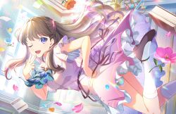 Rule 34 | 1girl, ;d, aqua ascot, ascot, black footwear, book, breasts, brown hair, dream believers (love live!), dress, floating, flower, foot out of frame, frilled dress, frills, fujishima megumi, game cg, hand on own hip, highres, large breasts, link! like! love live!, long hair, looking at viewer, love live!, mary janes, official art, one eye closed, open mouth, orange flower, paper, pen, petals, pink dress, pink flower, purple eyes, shoes, short sleeves, smile, solo, third-party source, two side up, v, v over mouth