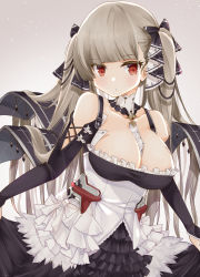 Rule 34 | 1girl, azur lane, bare shoulders, blunt bangs, breasts, brown eyes, cleavage, clothes lift, collarbone, commentary request, detached sleeves, dress, dress lift, flight deck, formidable (azur lane), frills, gothic lolita, grey background, grey hair, hair ribbon, head tilt, highres, large breasts, lolita fashion, long hair, looking at viewer, maid, ribbon, saekiya sabou, shaded face, sidelocks, simple background, skirt, skirt lift, solo, twintails, two-tone ribbon, very long hair