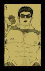 Rule 34 | 1boy, abs, armpit hair, armpit hair peek, bara, bare pectorals, beard stubble, black border, black hair, border, clothes lift, cowboy shot, facial hair, groin, highres, holding, holding money, large pectorals, looking at viewer, lucas lee, male focus, male prostitution, money, muscular, muscular male, navel, navel hair, nipples, open pants, outstretched hand, pants, paparatsy, pectorals, scott pilgrim (series), scott pilgrim takes off, shirt, shirt lift, short hair, short sleeves, smile, solo, sparse chest hair, strongman waist, stubble, t-shirt, thick eyebrows, tight clothes, tight shirt, yellow theme