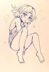Rule 34 | 1girl, alternate costume, bare legs, barefoot, braid, breasts, commentary request, covered navel, d-m (dii emu), eyelashes, fetal position, french braid, greyscale, looking at viewer, mizuhashi parsee, monochrome, one-piece swimsuit, open mouth, pointy ears, short hair, sketch, swimsuit, toes, touhou, traditional media
