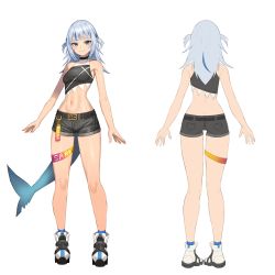 Rule 34 | 1girl, alternate costume, belt, black belt, black shorts, blue eyes, blue hair, breasts, character name, crop top, english text, engrish text, gawr gura, halterneck, highres, hololive, hololive english, korean commentary, midriff, multicolored hair, multiple views, navel, open hands, ranguage, shorts, silver hair, small breasts, streaked hair, thigh strap, virtual youtuber, wangjook (wj), white background, white footwear, wide hips