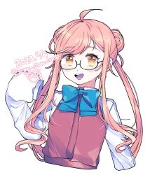 Rule 34 | 1girl, ahoge, black-framed eyewear, blue bow, blue bowtie, blush, bow, bowtie, collared shirt, commentary, cropped torso, dated, double bun, dress, eto (etonomemo1008), glasses, hair bun, highres, kantai collection, long hair, long sleeves, looking at viewer, makigumo (kancolle), open mouth, orange eyes, pink hair, purple dress, school uniform, semi-circular eyewear, semi-rimless eyewear, shirt, signature, simple background, sleeves past fingers, sleeves past wrists, solo, swept bangs, symbol-only commentary, twintails, twitter username, under-rim eyewear, upper body, white background, white shirt