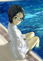 Rule 34 | 1girl, black hair, blue eyes, dress shirt, face, from side, glasses, hair ornament, hairclip, hand on thigh, looking at viewer, original, pool, poolside, see-through, shirabi, shirt, short hair, sitting, smile, soaking feet, solo, water, wet, wet clothes