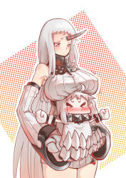 Rule 34 | &gt; &lt;, 10s, 2girls, abyssal ship, ahoge, bare shoulders, blush, boob hat, breast rest, breasts, breasts on head, carrying, claws, detached sleeves, dress, closed eyes, horns, kantai collection, large breasts, long hair, long sleeves, mittens, multiple girls, northern ocean princess, nose blush, outstretched arms, pale skin, polka dot, polka dot background, red eyes, seaport princess, short eyebrows, single horn, sweatdrop, very long hair, white dress, white hair, yamato (genesisace)