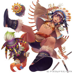 Rule 34 | 1girl, bad id, bad pixiv id, bike shorts, black hair, bracelet, copyright name, dragon league x, facepaint, feathers, headdress, jewelry, knife, lots of jewelry, medal, medallion, midriff, native american headdress, navel, necklace, open mouth, pink eyes, silver (atelier-tengu), solo, tan, watermark, white background