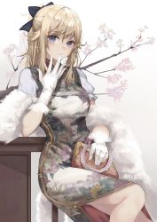Rule 34 | 1girl, absurdres, black bow, blonde hair, blue eyes, bow, cgd-orange, cherry blossoms, china dress, chinese clothes, commentary request, cross, cross earrings, dress, earrings, floral print, fur-trimmed dress, fur trim, genshin impact, gloves, hair bow, highres, jean (genshin impact), jewelry, looking at viewer, ponytail, print dress, short hair, short sleeves, sitting, solo, wallet, white gloves