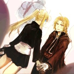 Rule 34 | 1girl, 2boys, alphonse elric, armor, back turned, black shirt, black skirt, blonde hair, blue eyes, coat, earrings, edward elric, expressionless, frown, fullmetal alchemist, gloves, holding hands, jacket, jewelry, long hair, looking at another, multiple boys, open mouth, ponytail, shirt, simple background, skirt, tsukuda0310, very long hair, white background, white shirt, winry rockbell, yellow eyes