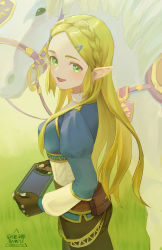 Rule 34 | 1girl, animal, blonde hair, blue shirt, brown gloves, brown pants, fingerless gloves, gloves, grass, green eyes, hair ornament, hairclip, highres, holding, horse, long hair, nintendo, open mouth, outdoors, pants, phina (jinahou), pointy ears, princess zelda, sheikah slate, shirt, solo, the legend of zelda, the legend of zelda: breath of the wild, thick eyebrows, white horse