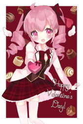Rule 34 | 1girl, blouse, border, bow, bowtie, brown background, checkered clothes, checkered skirt, chocolate, collared shirt, drill hair, english text, gift, hairband, highres, holding, holding gift, looking at viewer, open mouth, original, otogino aria (artist), otogino aria (vtuber), pink eyes, pink hair, red hairband, red neckwear, red skirt, shirt, simple background, skirt, standing, tail, thighhighs, twin drills, twintails, valentine, virtual youtuber, white border, white shirt, white thighhighs
