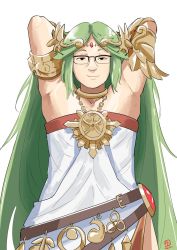 Rule 34 | 1boy, armpits, arms behind head, automatic giraffe, character request, cosplay, crossdressing, dress, glasses, green hair, jewelry, kid icarus, kid icarus uprising, long hair, looking at viewer, male focus, nintendo, palutena, palutena (cosplay), smile, solo, upper body, white dress