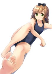 Rule 34 | barefoot, bob cut, brown hair, cameltoe, green eyes, highres, legs, old school swimsuit, original, ribbon, school swimsuit, shibacha, short hair, simple background, swimsuit, thighs, toes