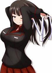 Rule 34 | 1girl, alternate costume, arms behind head, arms up, blush, brown eyes, brown hair, closed mouth, commentary, cowboy shot, girls und panzer, hair ribbon, half-closed eye, highres, holding, holding ribbon, kuromorimine school uniform, long hair, looking at viewer, meiya, nishizumi shiho, one eye closed, ribbon, school uniform, shadow, simple background, smile, solo, standing, straight hair, tying hair, white background, white ribbon