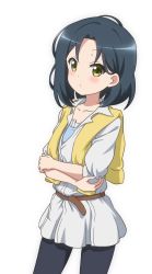 Rule 34 | 1girl, belt, black hair, black pantyhose, blush, breasts, brown belt, collarbone, commentary request, cowboy shot, dress, frilled shirt, frills, frown, gochuumon wa usagi desu ka?, highres, jacket, jacket on shoulders, looking at viewer, mate rin, pantyhose, parted bangs, red star (toranecomet), shirt, short hair, simple background, small breasts, solo, standing, transparent background, undershirt, white background, white dress, yellow eyes, yellow jacket