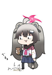 Rule 34 | 1girl, ahoge, animal ear fluff, animal ears, black footwear, black pantyhose, black scarf, black sleeves, blue archive, blue skirt, chibi, detached sleeves, food, full body, grey hair, grey shirt, halo, holding, holding food, ice cream, ice cream cone, long hair, michiru (blue archive), nyaru (nyaru 4126), open mouth, pantyhose, pleated skirt, raccoon ears, raccoon girl, raccoon hair ornament, raccoon tail, scarf, shirt, shoes, short eyebrows, simple background, single detached sleeve, single leg pantyhose, single sleeve, skirt, soft serve, solo, spill, standing, tail, thick eyebrows, twintails, very long hair, white background