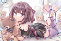 Rule 34 | 1girl, absurdres, balloon, black dress, bow, brown hair, cheek press, choker, commission, dress, fallenshadow, frilled dress, frilled sleeves, frilled thighhighs, frills, full body, hair bow, hair ribbon, highres, indie virtual youtuber, leg ribbon, lying, off-shoulder dress, off shoulder, on stomach, purple eyes, purple thighhighs, ribbon, ribbon choker, sash, second-party source, shadow (vtuber), short dress, short hair, short sleeves, single thighhigh, skeb commission, smile, solo, stuffed animal, stuffed toy, teddy bear, thighhighs, ukishizumi, virtual youtuber, zettai ryouiki