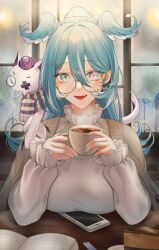 Rule 34 | 1girl, 1other, absurdres, blue hair, blue wings, blush, book, breasts, brown cardigan, cardigan, cellphone, coffee, coffee cup, collar, cup, disposable cup, dragon, elira pendora, elira pendora (3rd costume), fang, frilled collar, frills, gfpebs, head wings, high ponytail, highres, large breasts, long hair, long sleeves, looking at viewer, multicolored hair, nijisanji, nijisanji en, official alternate costume, phone, pikl (elira pendora), scarf, skin fang, smartphone, smile, sweater, virtual youtuber, white hair, white sweater, wings